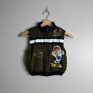 Go Diego Go Vest Boys 4 Green Navy Zip Front Nick Jr Cartoon Patch Graphic Kids